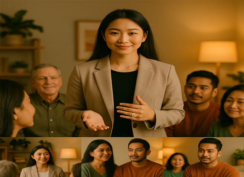 Seorang coach wanita berdiri menyambut peserta dalam sesi perkenalan layanan perjodohan, dikelilingi individu dari berbagai latar usia dan ekspresi terbuka.