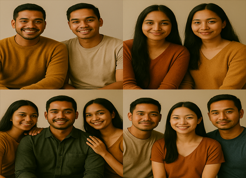 Beberapa individu dewasa Indonesia dengan ekspresi hangat dan beragam, duduk berdampingan dalam sesi konsultasi yang mendukung berbagai bentuk hubungan.