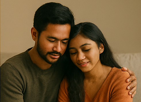 Sepasang pria dan wanita Indonesia duduk berpelukan dalam keheningan yang penuh kehangatan, menunjukkan proses penyembuhan emosional setelah konflik.