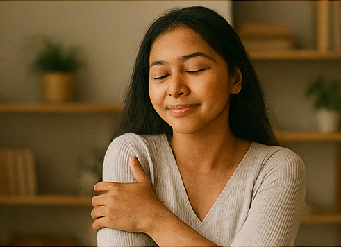 Seorang wanita Indonesia memeluk dirinya sendiri dengan mata terpejam dan ekspresi damai di ruangan hangat dan minimalis.