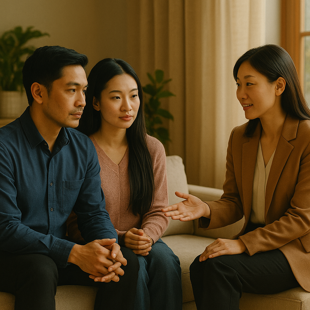 Seorang coach wanita muda berdialog dengan pasangan Indonesia dalam sesi relationship coaching di ruang tamu yang hangat dan minimalis